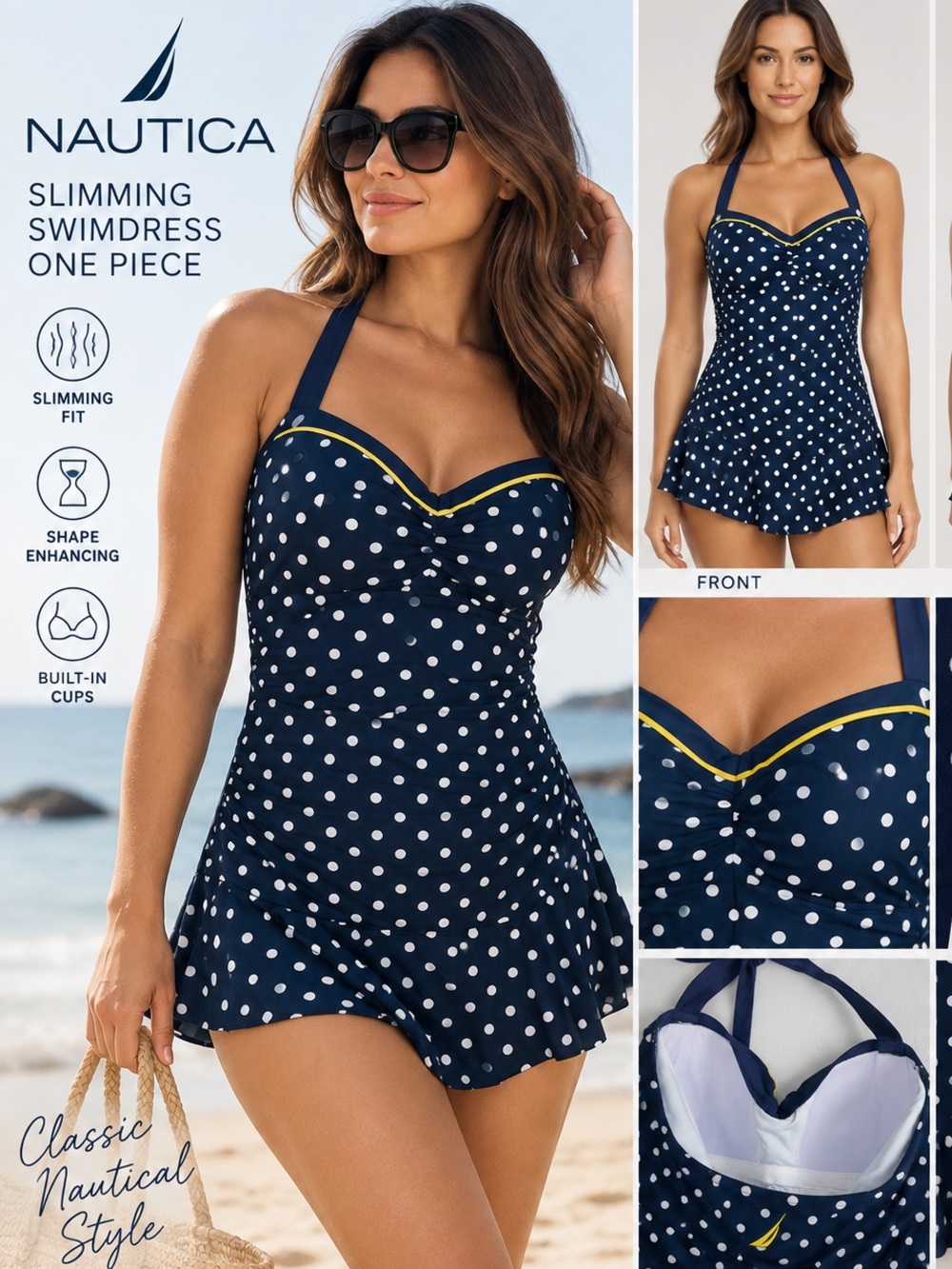 NWT Nautica Navy Polka Dot Slimming One Piece Swimdress Swimsuit Small